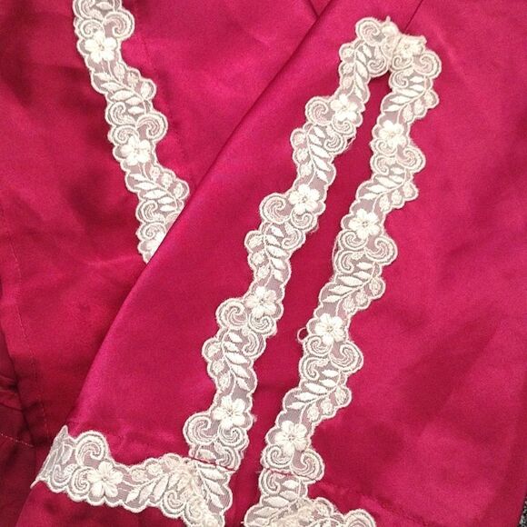VTG 90s Red Satin White Lace Trim Long Slitted Lingerie Slip Dress Large - Picture 9 of 16